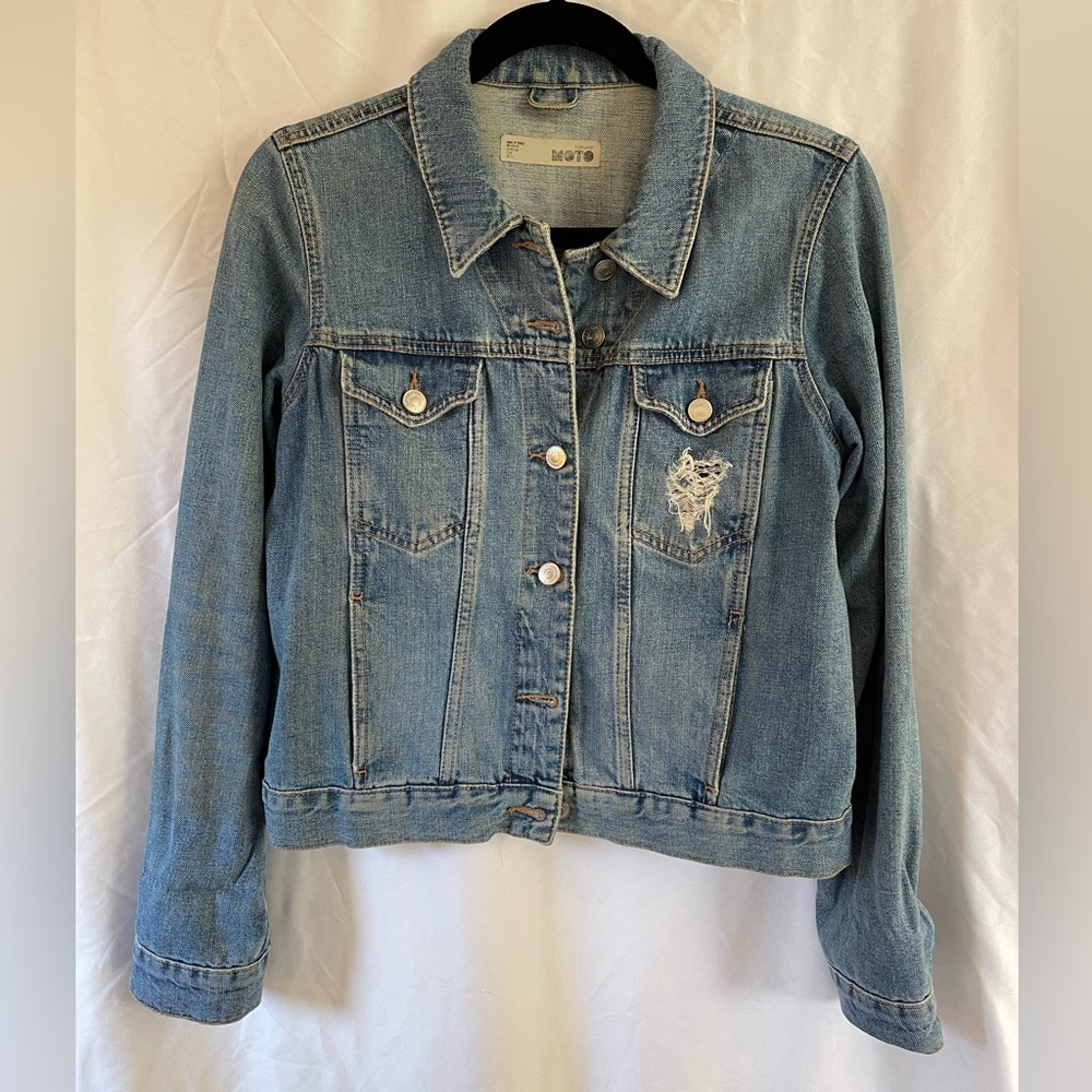 Topshop Moto Distressed Denim Jacket - US 8